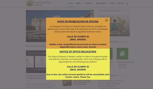 Página web de la Embajada de Ghana, anunciando su traslado a la antigua sede de IU