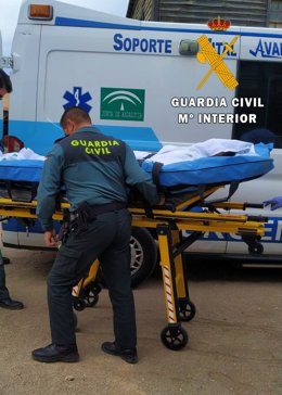 Agentes de la Guardia Civil atiende al cochero de un carruaje herido en decorados de cine de Tabernas (Almería)