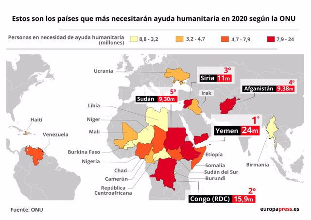 Mapa que representa las personas que necesitarán ayuda humanitaria en 2020