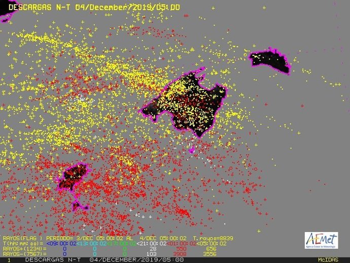 Mapa de descragas elctriques a Balears.