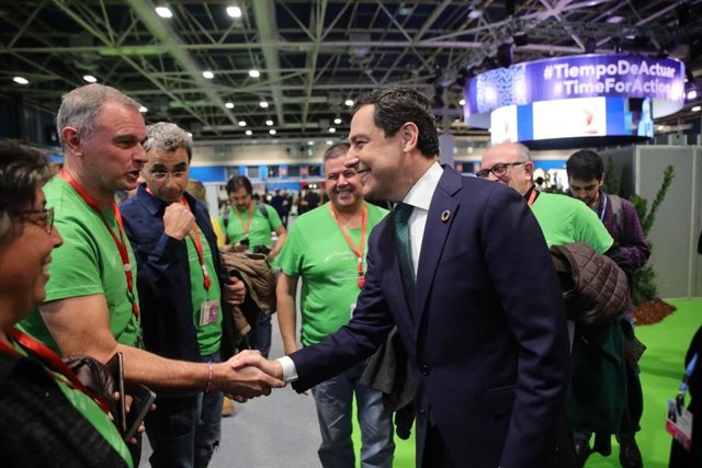 El presidente de la Junta de Andalucía, Juanma Moreno, este miércoles en la Cumbre Climática de Madrid