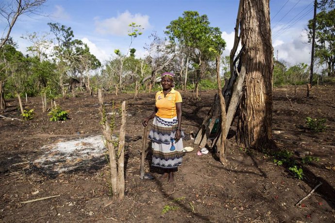 Una mujer afectada por el paso del ciclón 'Kenneth' y la violencia en Cabo Delgado (Mozambique)