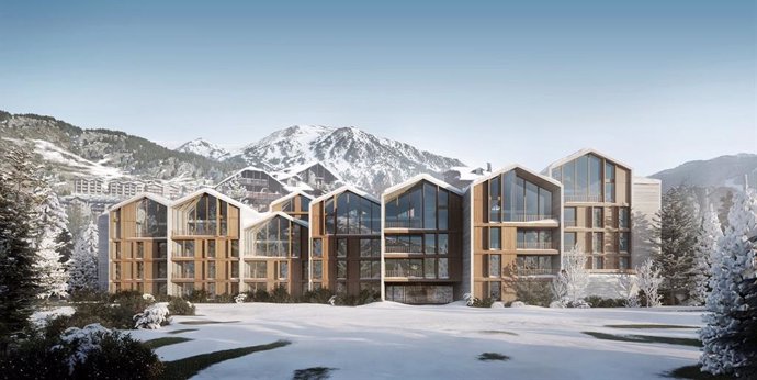 Promición de 60 viviendas de Avintia Inmobiliaria en Andorra, a pie de pista en la estación de esquí Grandvalira El Tarter (Andorra), 'Isard Homes', con diseño de Engitec y Mano Arquitectura