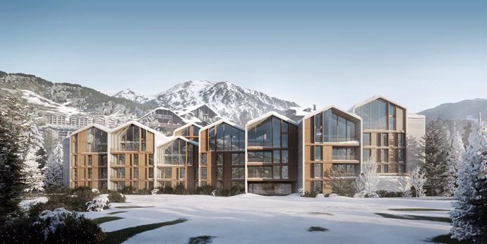Promición de 60 habitatges d'Avintia Immobiliria a Andorra, a peu de pista a l'estació d'esquí Grandvalira El Tarter (Andorra), 'Isard Homes', amb disseny d'Engitec i Mano Arquitectura