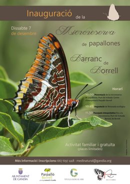 Cartel de inauguración de la microrreserva de mariposas en el barranco de Borrell de Gandia