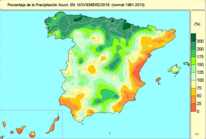 Mapa de precipitaciones en Noviembre de 2019 en España