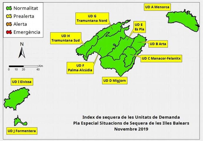 Mapa del Índice de Sequía de las Unidades de Demanda en noviembre de 2019