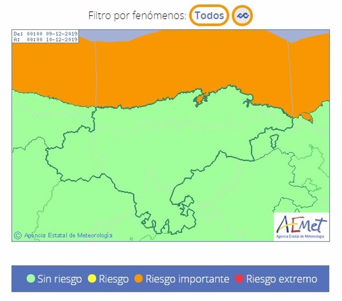 Cantabria, en riesgo de nivel naranja por oleaje el lunes, 9 de diciembre de 2019