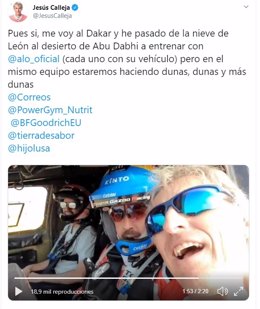 Tuit de Jesús Calleja en el que muestra un vídeo con Fernando Alonso.
