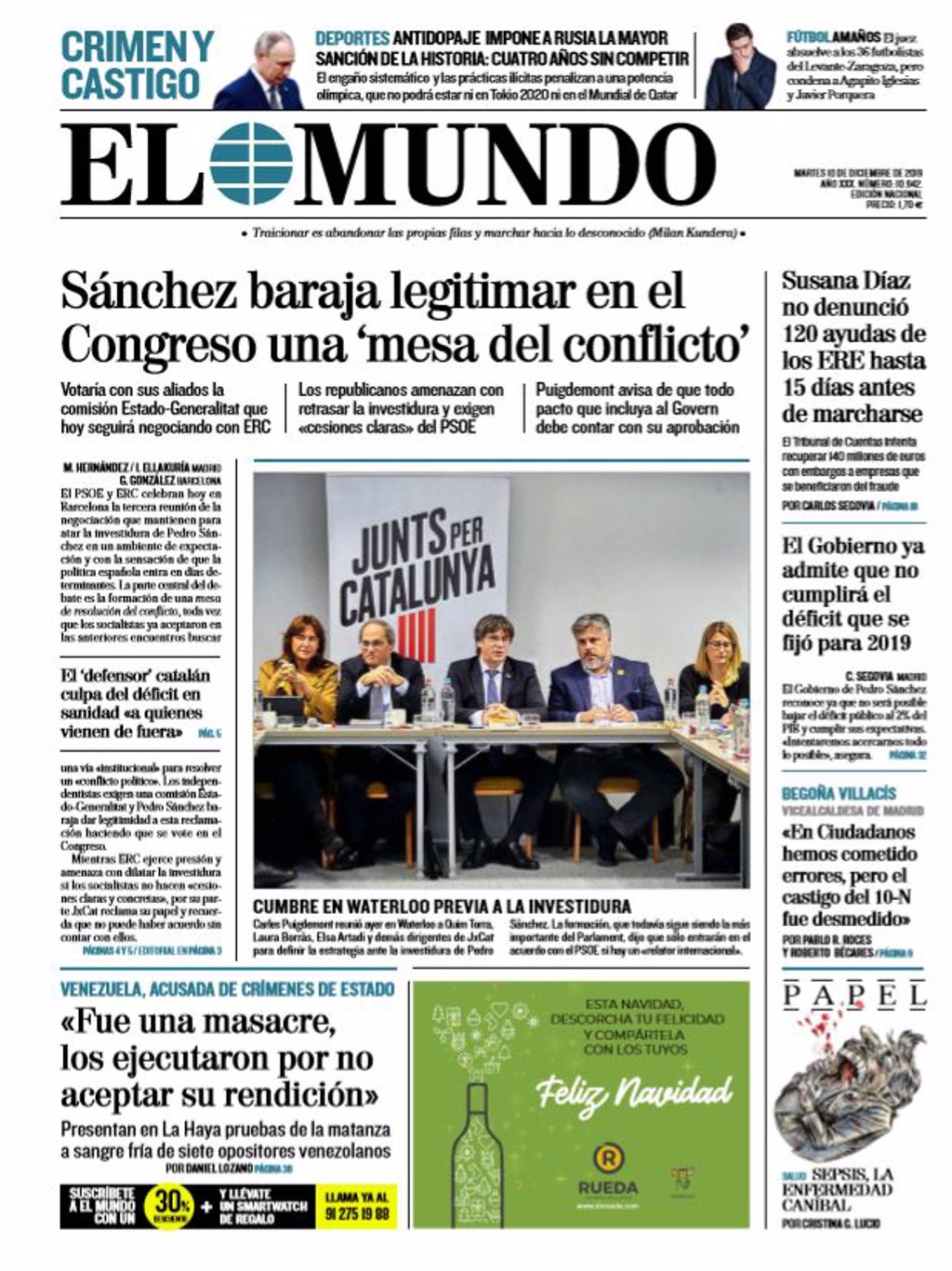 Las portadas de los periódicos del martes 10 de diciembre de 2019