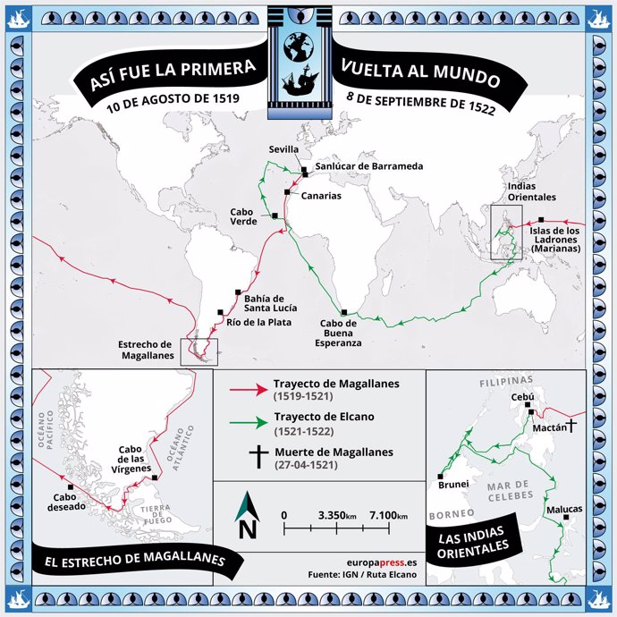 Mapa que representa el trayecto de Magallanes y Elcano con motivo del 500 aniversario de la primera vuelta al mundo