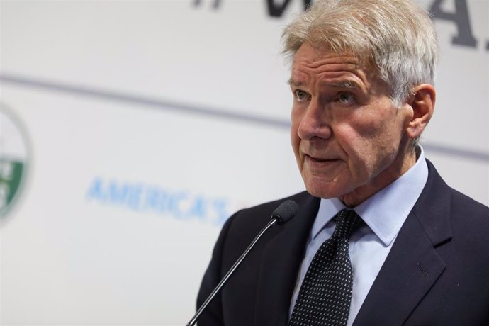 Harrison Ford, durante su intervención en la presentación de un nuevo informe de Americas Pledge on Climate Change durante la novena jornada de la Cumbre del Clima (COP25), en la Feria de Madrid (IFEMA). 