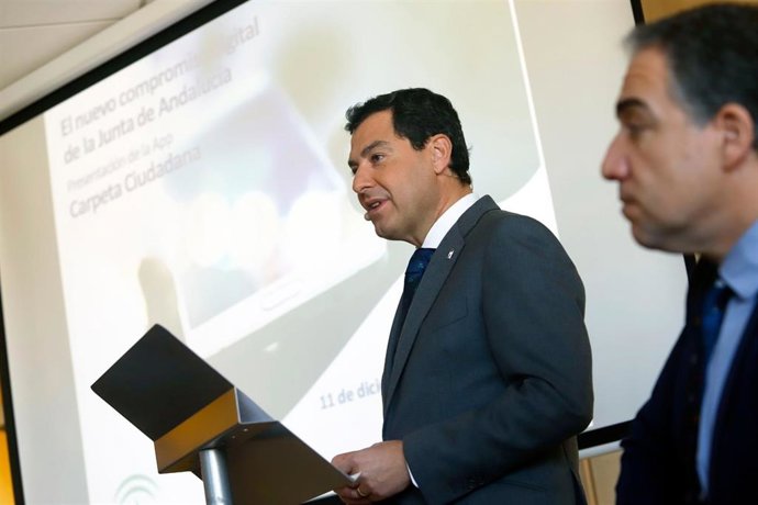 El presidente de la Junta de Andalucía, Juanma Moreno, en un acto en Málaga