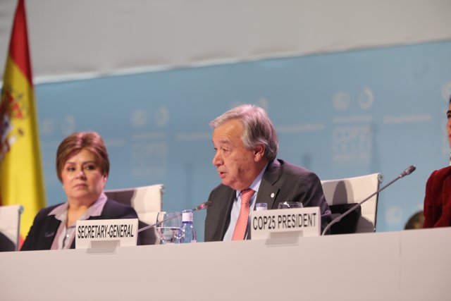 El secretario general de la Organización de las Naciones Unidas, Antonio Guterres en el evento del segmento de Alto Nivel de la COP25 que se celebra en Madrid. 