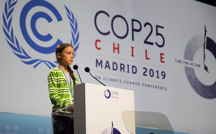HANDOUT - 11 December 2019, Spain, Madrid: Swedish climate activist Greta Thunberg attends an event during the UN Climate Change
