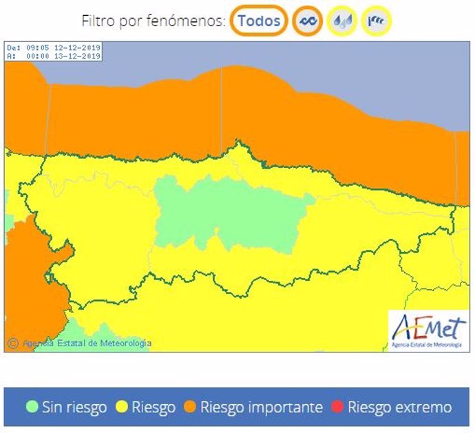 Previsión de riesgos por oleaje, viento y lluvias en Asturias según la AEMET para este jueves 12 de diciembre de 2019.