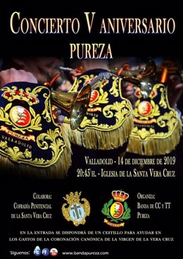 Cartel anunciador del concierto de este sábado a cargo de la Banda de CCTT 'Pureza' con movito del V aniversario de su creación.