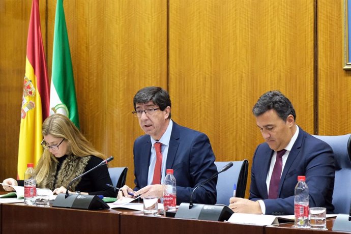 El vicepresidente de la Junta y consejero de Turismo, Regeneración, Justicia y Administración Local, Juan Marín, en comisión parlamentaria, en una imagen de archivo.