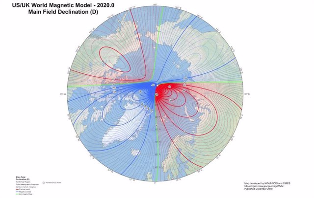 Mapa de declinación del polo magnético para 2020