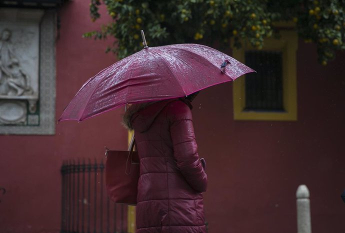 Una dona es protegeix de la pluja a la plaa de San Lorenzo. Sevilla, 22 de novembre del 2019.
