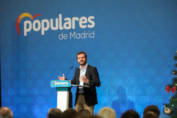 El president nacional del PP, Pablo Casado en el tradicional menjar de Nadal del PP de la Comunitat de Madrid, 14 de desembre del 2019