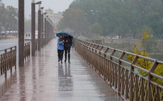 Peatones bajo la lluvia  por el Puente de los Remedios, en Sevilla