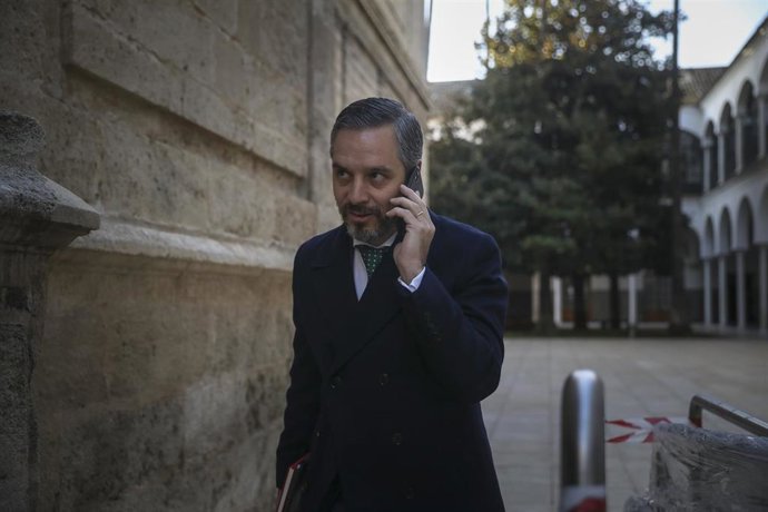 Segunda jornada del debate final del proyecto de Ley de Presupuestos de la Comunidad Autónoma para 2020 en el Parlamento de Andalucía.El consejero de Hacienda, Juan Bravo, a su llegada al pleno.  En Sevilla, a 12 de diciembre de 2019.