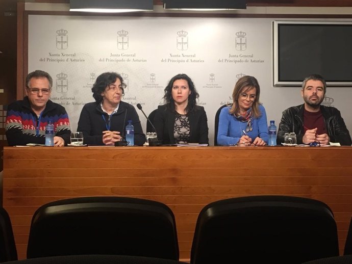 Representantes de Suatea y CCOO con las diputadas Nuria Rodríguez (Podemos) y Ángela Vallina (IU)