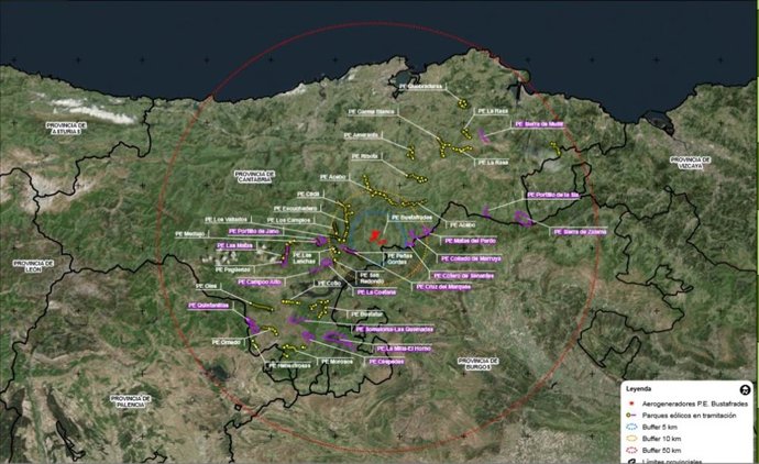 Mapa de Cantabria con proyectos eólicos