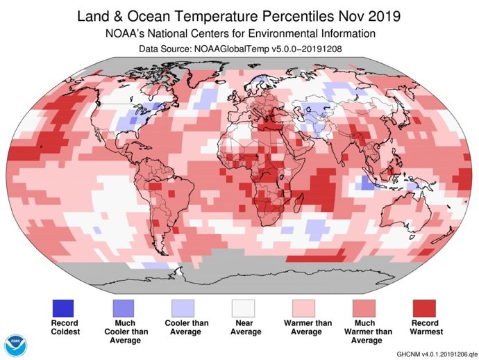 Noviembre de 2019 fue el segundo más caluroso en el mundo desde 1880