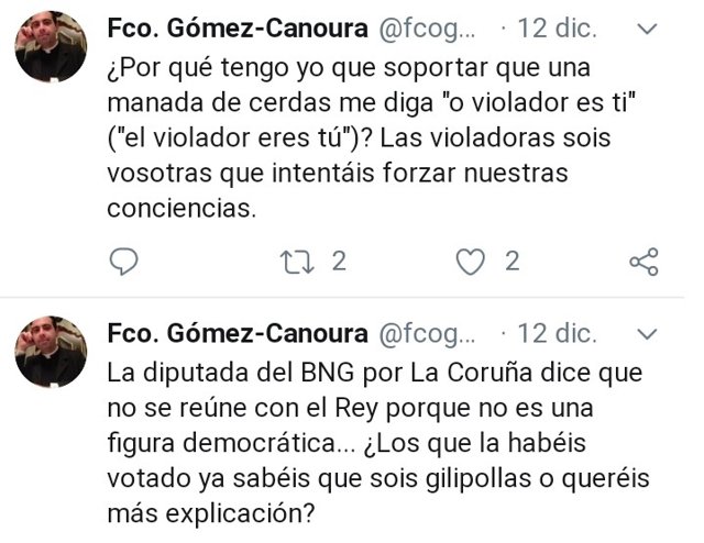 Tuits del párroco de Zas, Francisco Gómez-Canoura, en los que llama "manada de cerdas" a las feministas y "gilipollas" a los votantes del BNG