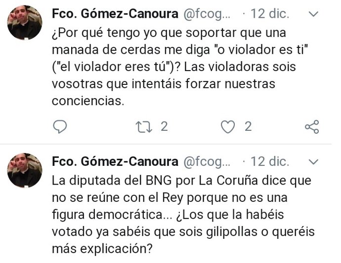Tuits do párroco de Zas, Francisco Gómez-Canoura, nos que chama "manada de porcas" ás feministas e "imbéciles" aos votantes do BNG