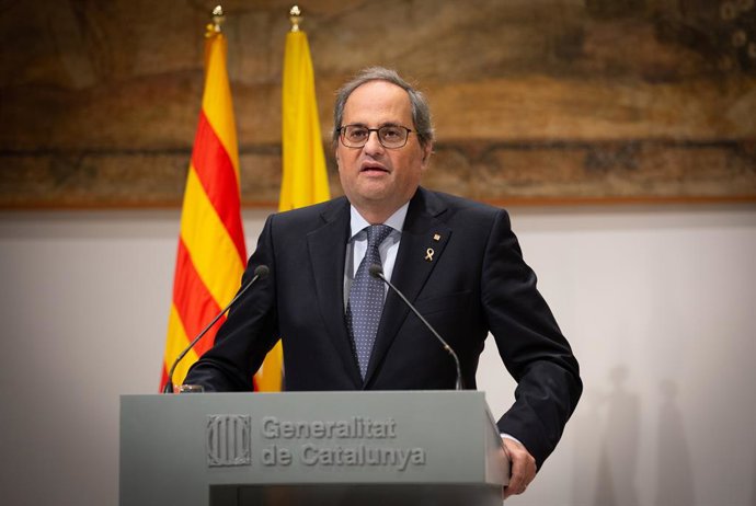 El president de la Generalitat Quim Torra compadeix davant dels mitjans després de reunir-se amb el president de Flandes J. Jambon, a Barcelona, 30 de novembre del 2019.