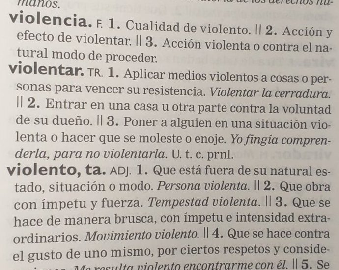 Diccionario de la Lengua Española (DLE) con la entrada del término 'violencia'