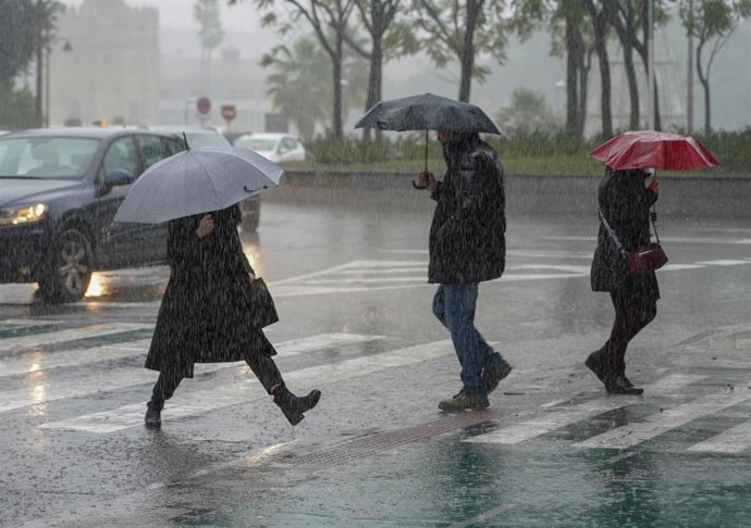Peatones bajo la lluvia por el Puente de los Remedios (Sevilla)