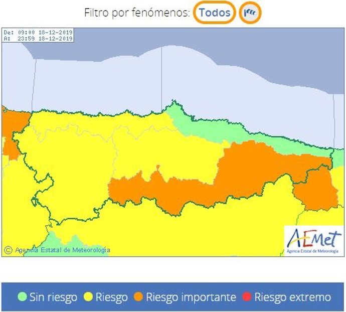 Mapa de Asturias con los avisos por riesgo de fuerte viento de la Aemet para este miércoles 18 de diciembre.