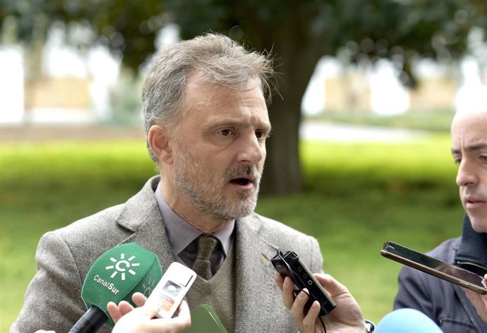 El portavoz parlamentario del PSOE-A, José Fiscal, atiende a los medios en el Parlamento.