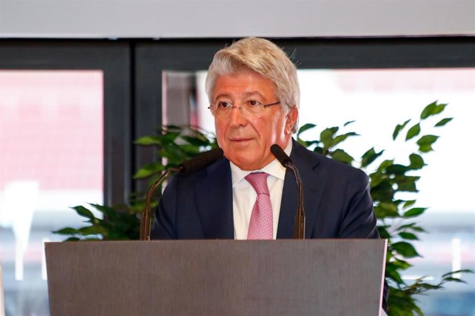 El presidente del Atlético de Madrid, Enrique Cerezo, durante un discurso