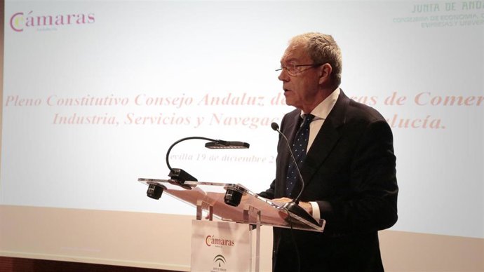 El consejero de Economía, Conocimiento, Empresas y Universidad, Rogelio Velasco, en la constitución del Pleno del Consejo Andaluz de Cámaras Oficiales de Comercio, Industria, Servicios y Navegación.