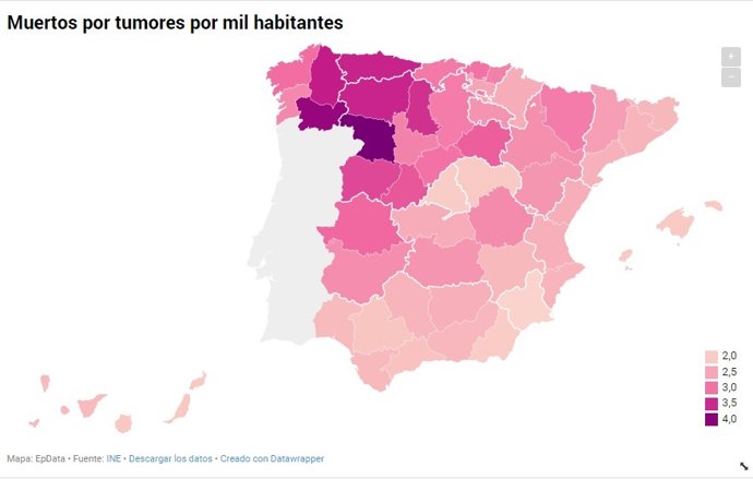 Muertes por tumores por mil habitantes en 2018 en cada provincia