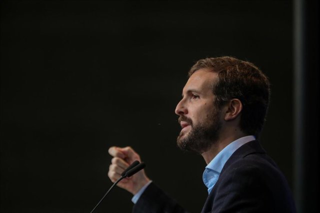 El presidente nacional del PP, Pablo Casado en la tradicional comida de Navidad del PP de la Comunidad de Madrid, a 14 de diciembre de 2019