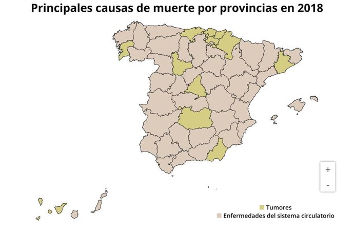 Principales causas de muerte en España en 2018 por provincia, según datos publicados por el INE el 19 de diciembre de 2019.