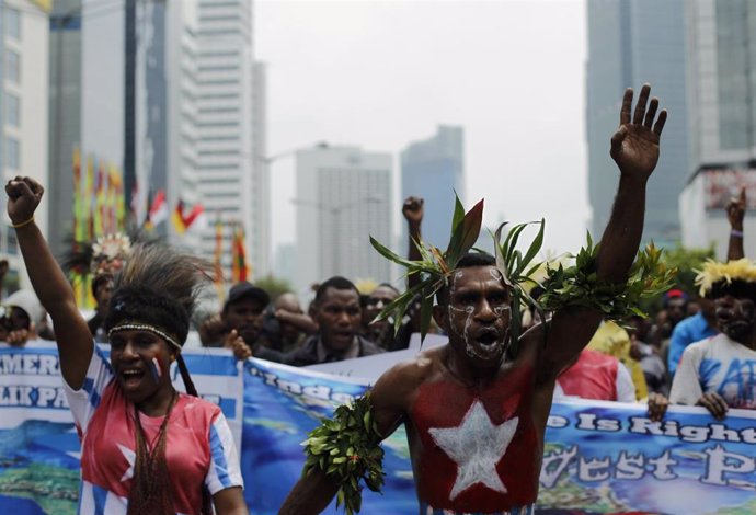 Partidarios de la independencia de Papua Occidental durante una manifestación en Yakarta, Indonesia, en 2018.