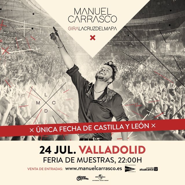 Cartel del concierto de Manuel Carrasco el próximo 24 de julio en Valladolid en el marco de su gira 'La cruz del mapa'.