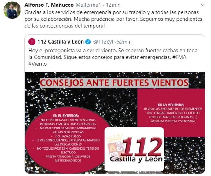 Captura de pantalla del tuit de Alfonso Fernández Mañueco.