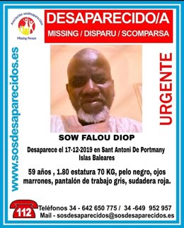 SOS Desaparecidos solicita la colaboración ciudadana para localizar al hombre desaparecido este martes en Sant Antoni de Portmany (Ibiza).