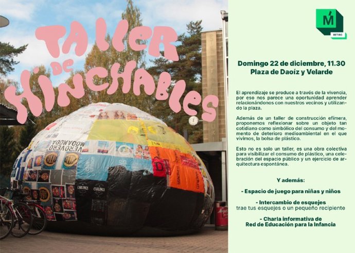 Una 'semilla' hinchable a base de bolsas de plástico germinará este domingo en la plaza de Daoiz y Velarde.