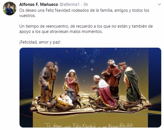 Alfonso Fernández Mañueco felicita la Navidad a través de un mensaje en su cuenta de Twitter.