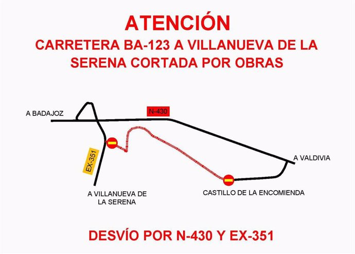 Cartel sobre el corte de la carretera BA-123 que une Villanueva de la Serena y la N-430