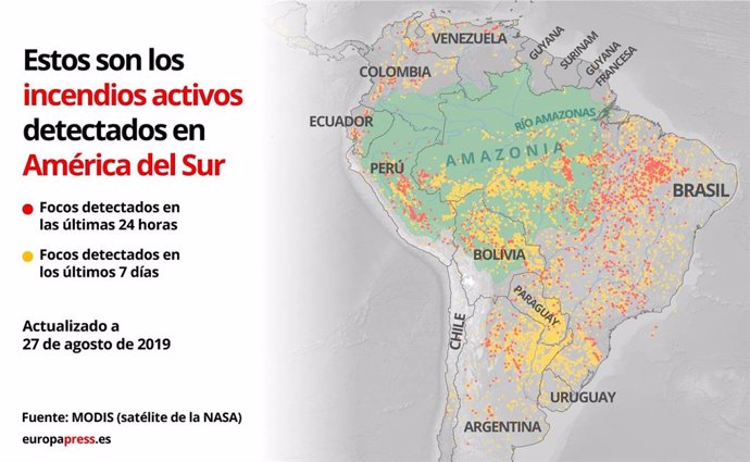 Incendios registrados en los países de América del Sur por los satélites de la NASA